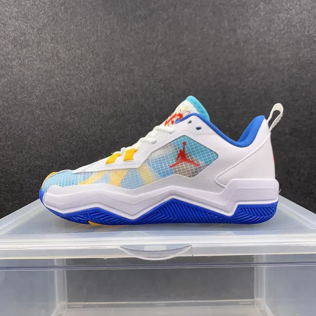 Zapatillas de baloncesto Air Jordan de caña baja con empeine de jaula de malla en blanco y azul 2