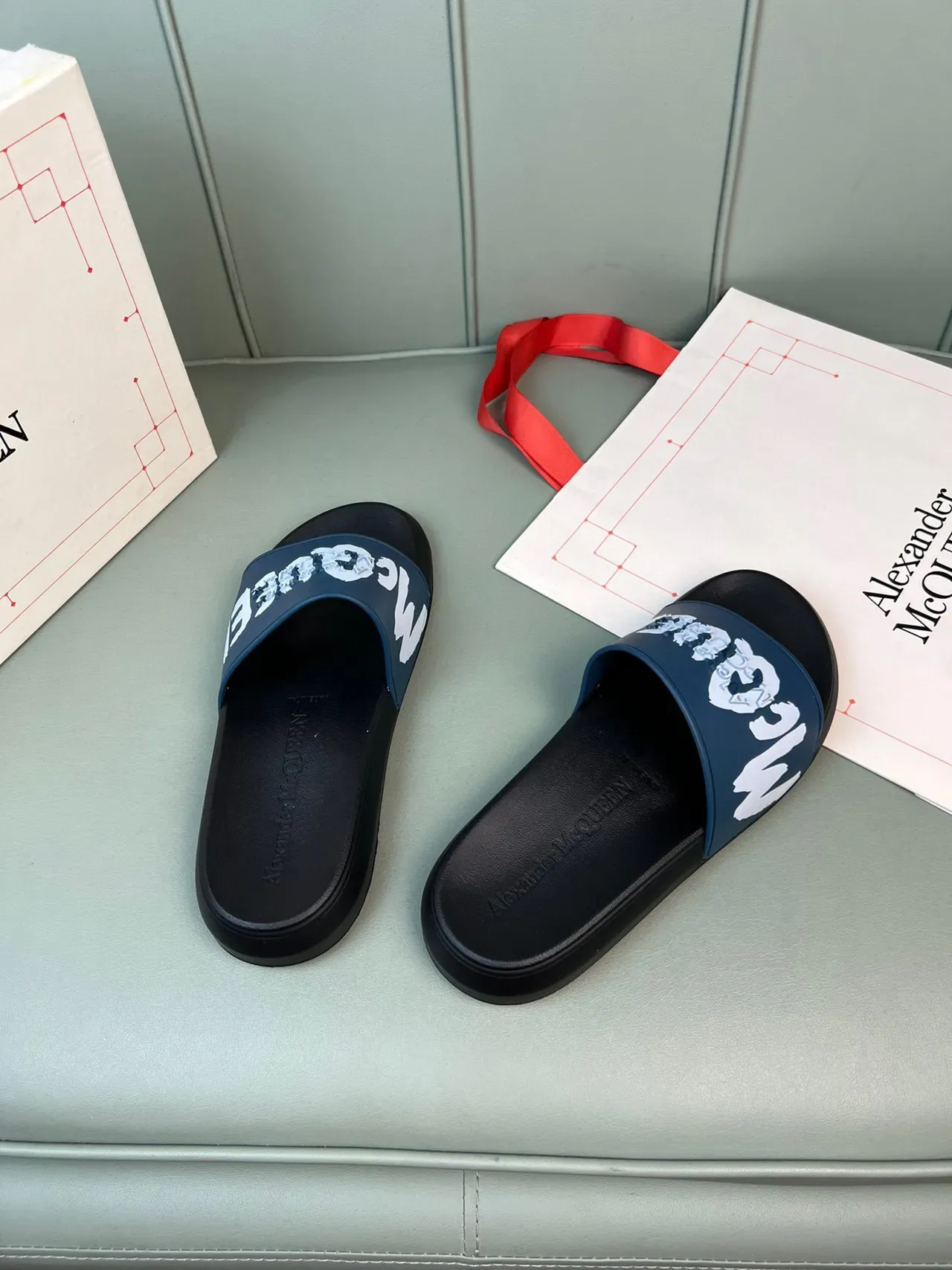 Alexander McQueen Logo Print Navy and Black Slippers 4
