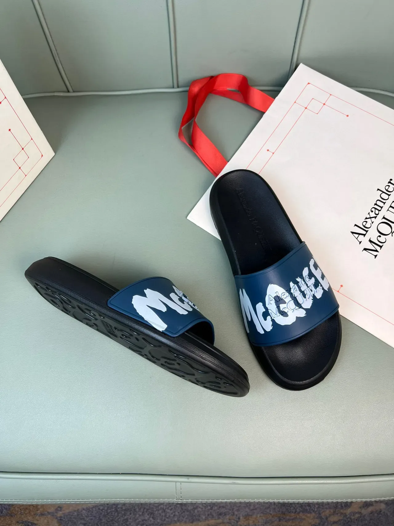 Alexander McQueen Logo Print Navy and Black Slippers 5