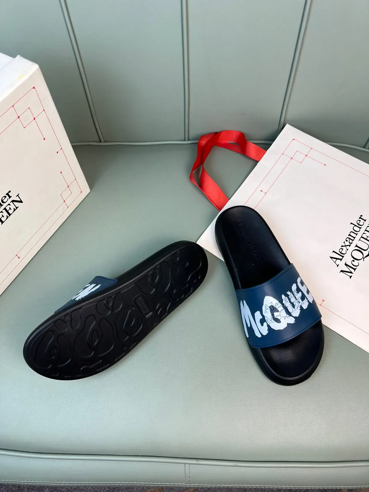 Alexander McQueen Logo Print Navy and Black Slippers 6
