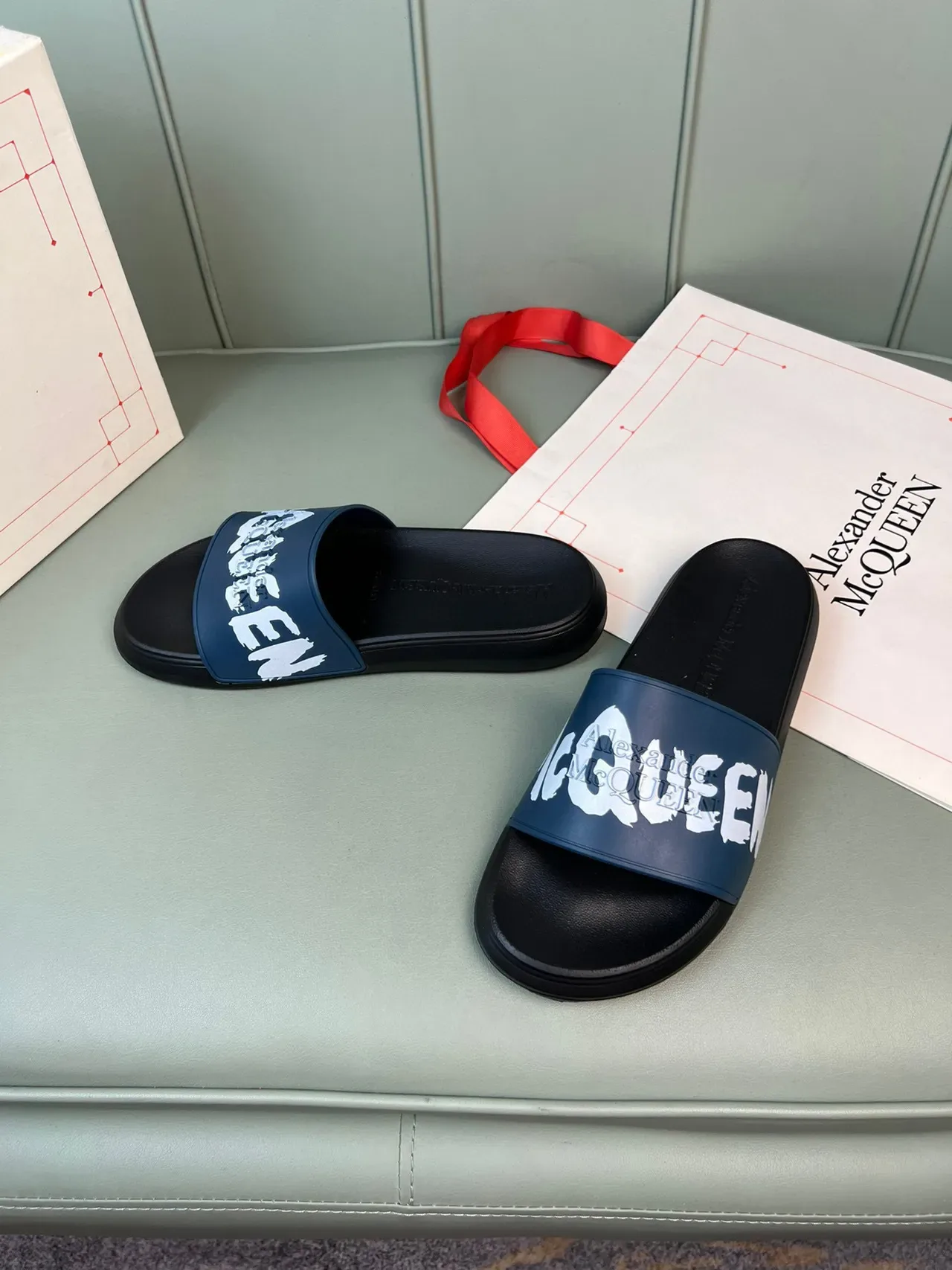 Alexander McQueen Logo Print Navy and Black Slippers 7