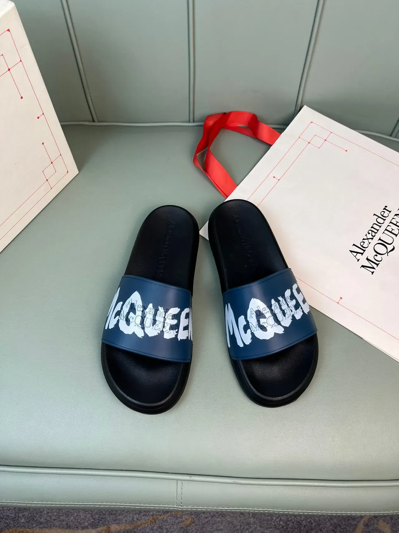 Alexander McQueen Logo Print Navy and Black Slippers 8
