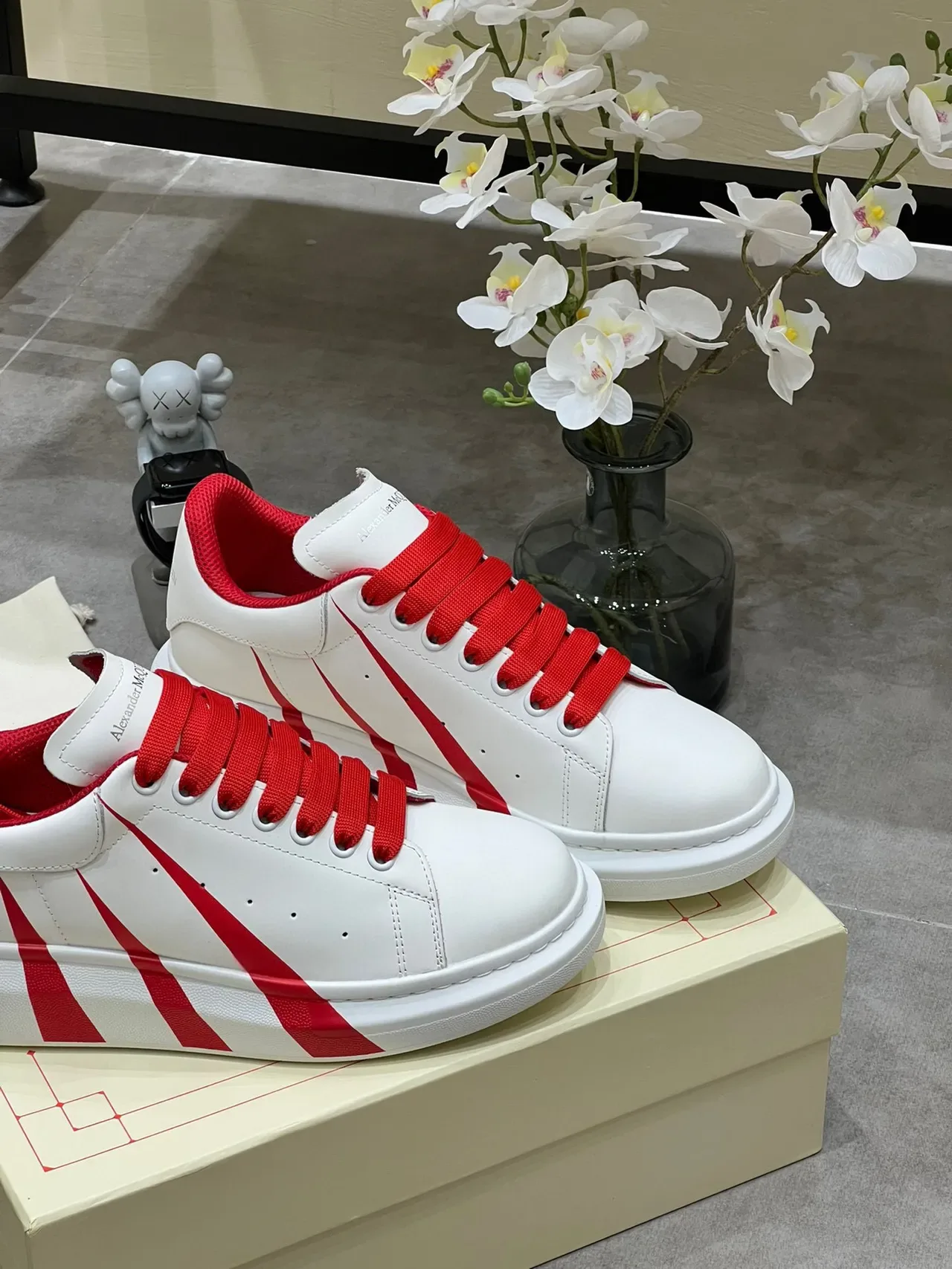 Alexander McQueen White Red Platform Sole Diagonal Stripes Lifestyle Sneakers 3