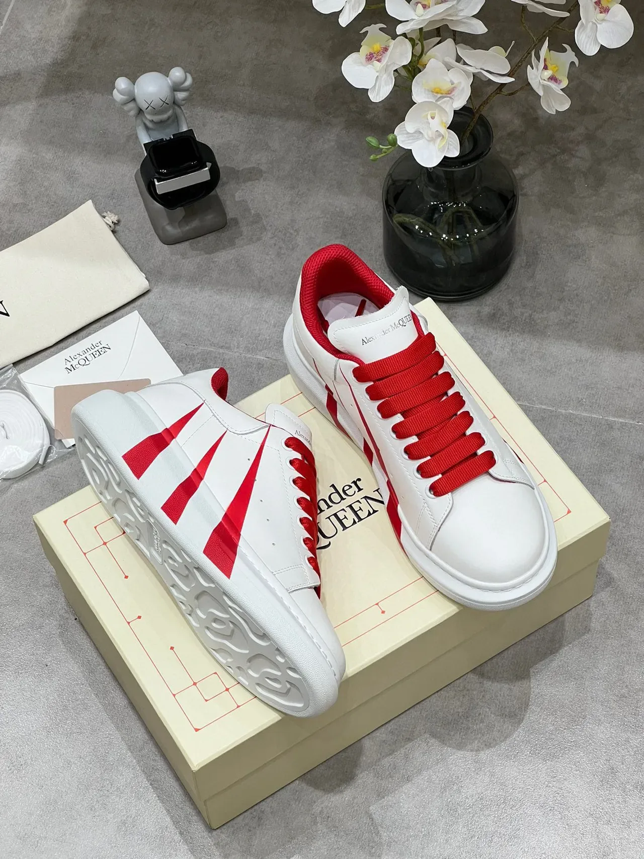 Alexander McQueen White Red Platform Sole Diagonal Stripes Lifestyle Sneakers 5