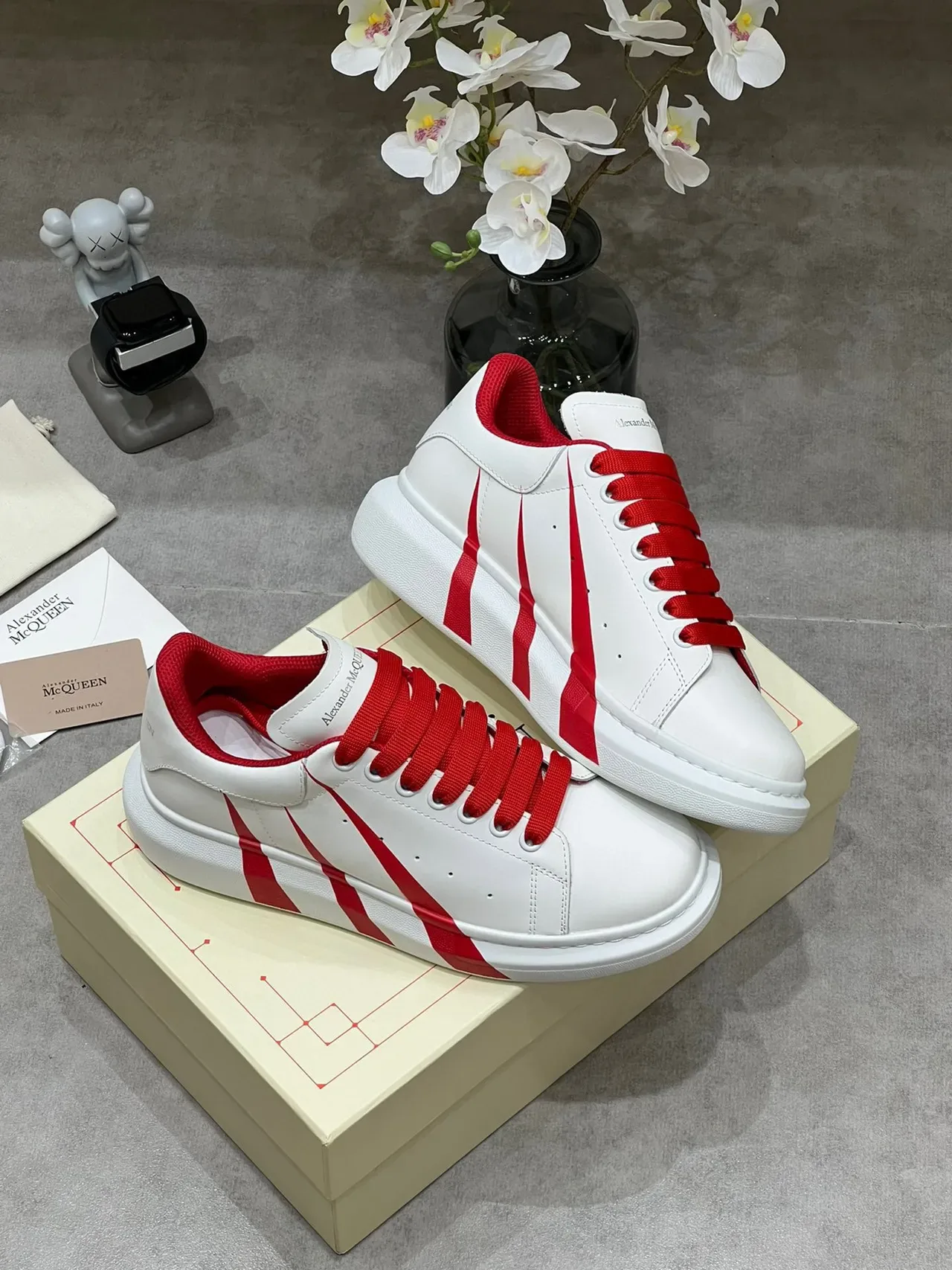 Alexander McQueen White Red Platform Sole Diagonal Stripes Lifestyle Sneakers 6