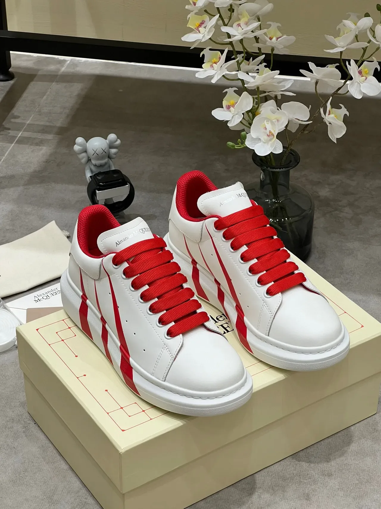 Alexander McQueen White Red Platform Sole Diagonal Stripes Lifestyle Sneakers 8
