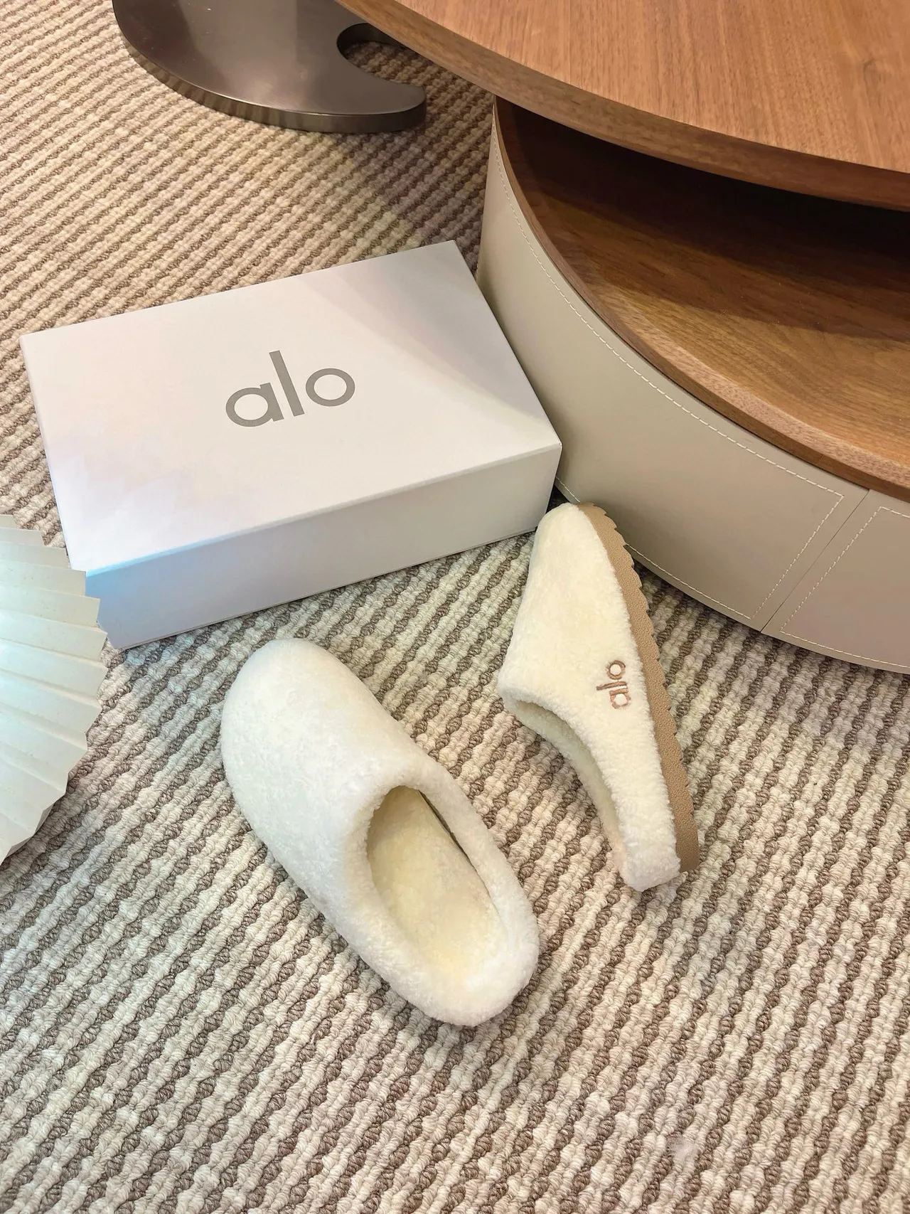 Alo Beige Plush Shearling-Like Open-Back Slippers 2