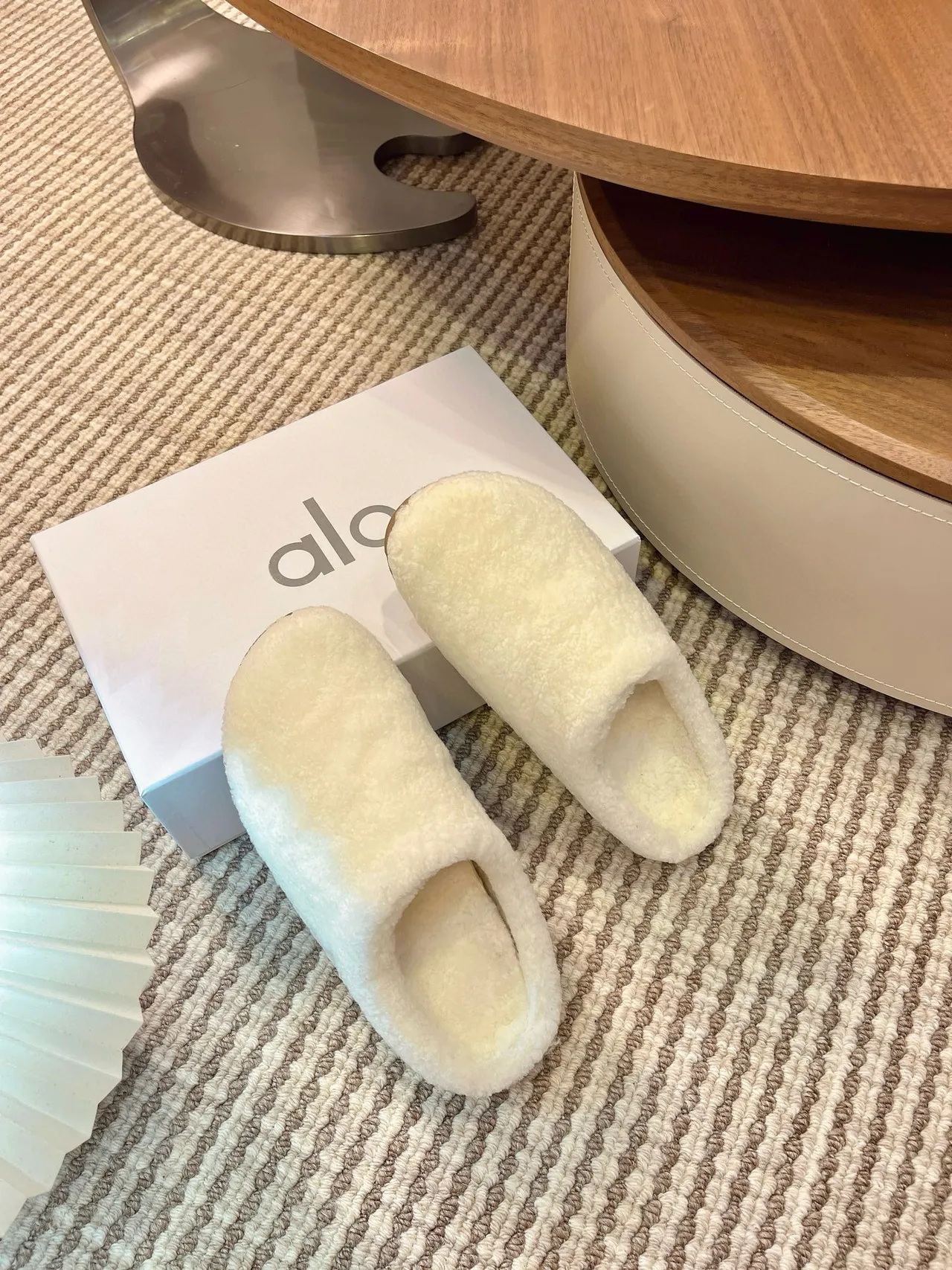 Alo Beige Plush Shearling-Like Open-Back Slippers 4
