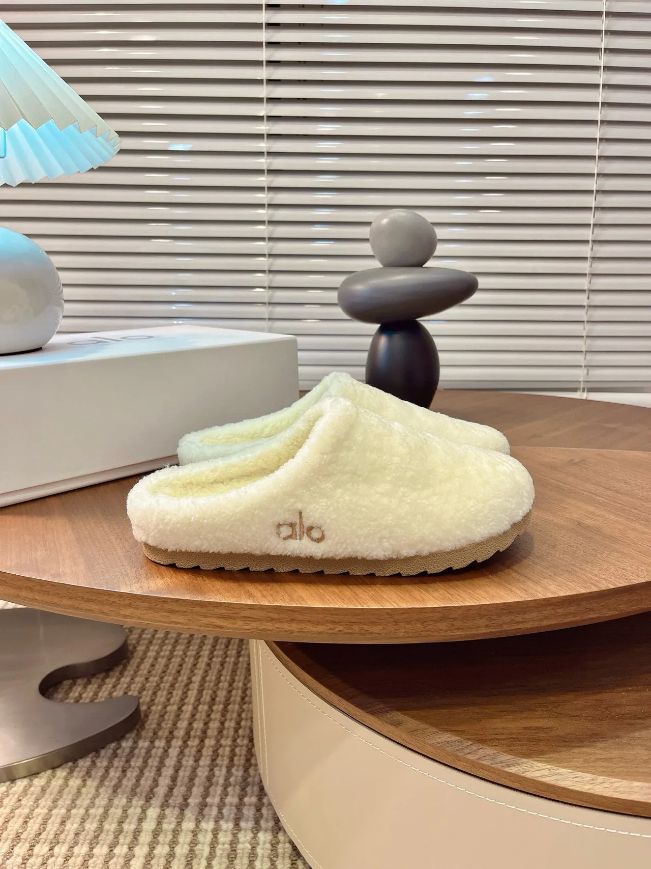 Alo Beige Plush Shearling-Like Open-Back Slippers 7