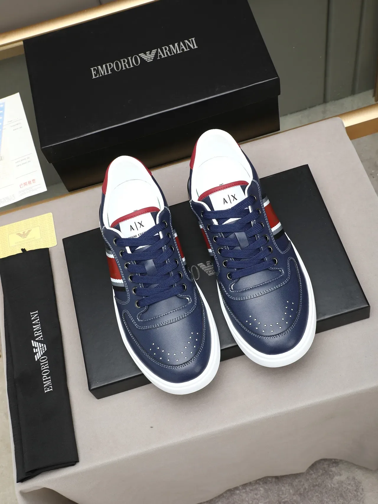 Armani Exchange Navy and Red Side Stripe Leather Sneaker 2