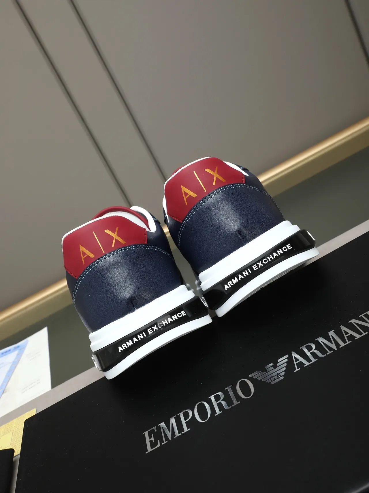 Armani Exchange Navy and Red Side Stripe Leather Sneaker 3