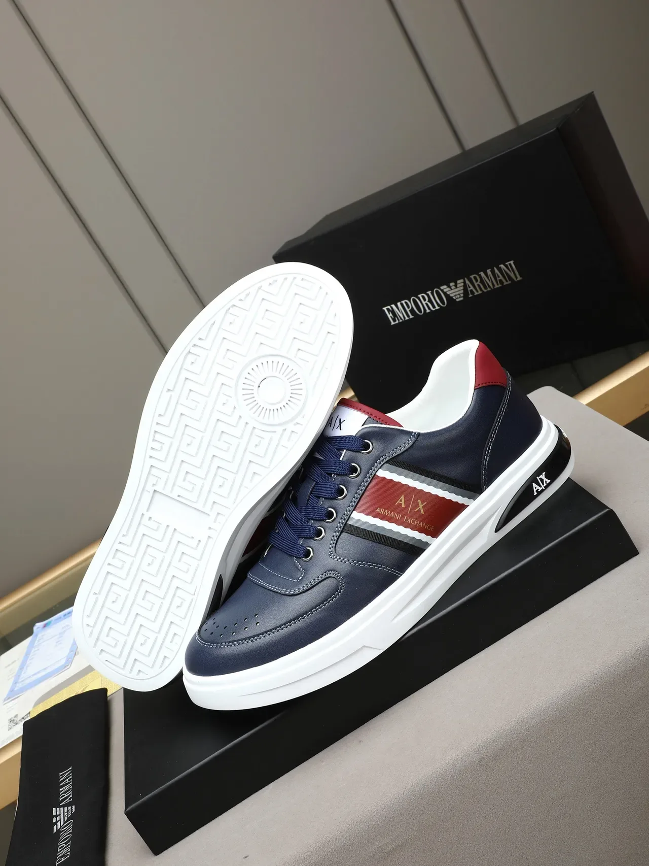 Armani Exchange Navy and Red Side Stripe Leather Sneaker 4