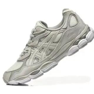 ASICS رمادي أبيض اصطناعي قفص شبكة طبقات أحذية جري
