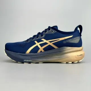 ASICS Navy Gold Engineered Mesh Upper Tiger Stripe Logo Running Shoes