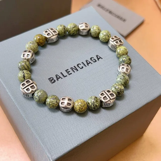 Balenciaga BB Bead Bracelet Pulseira de pedra marmoreada verde e metal de tom prateado 4