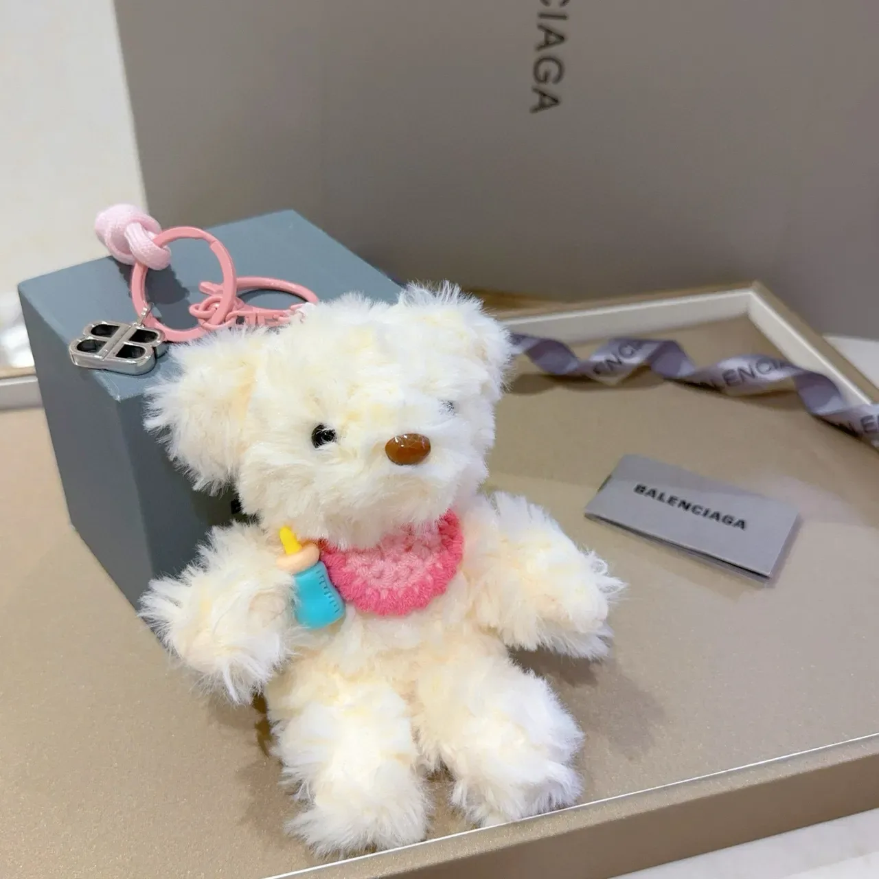 Balenciaga Beige Pink Plush Teddy Bear Knit Scarf Handbag 2
