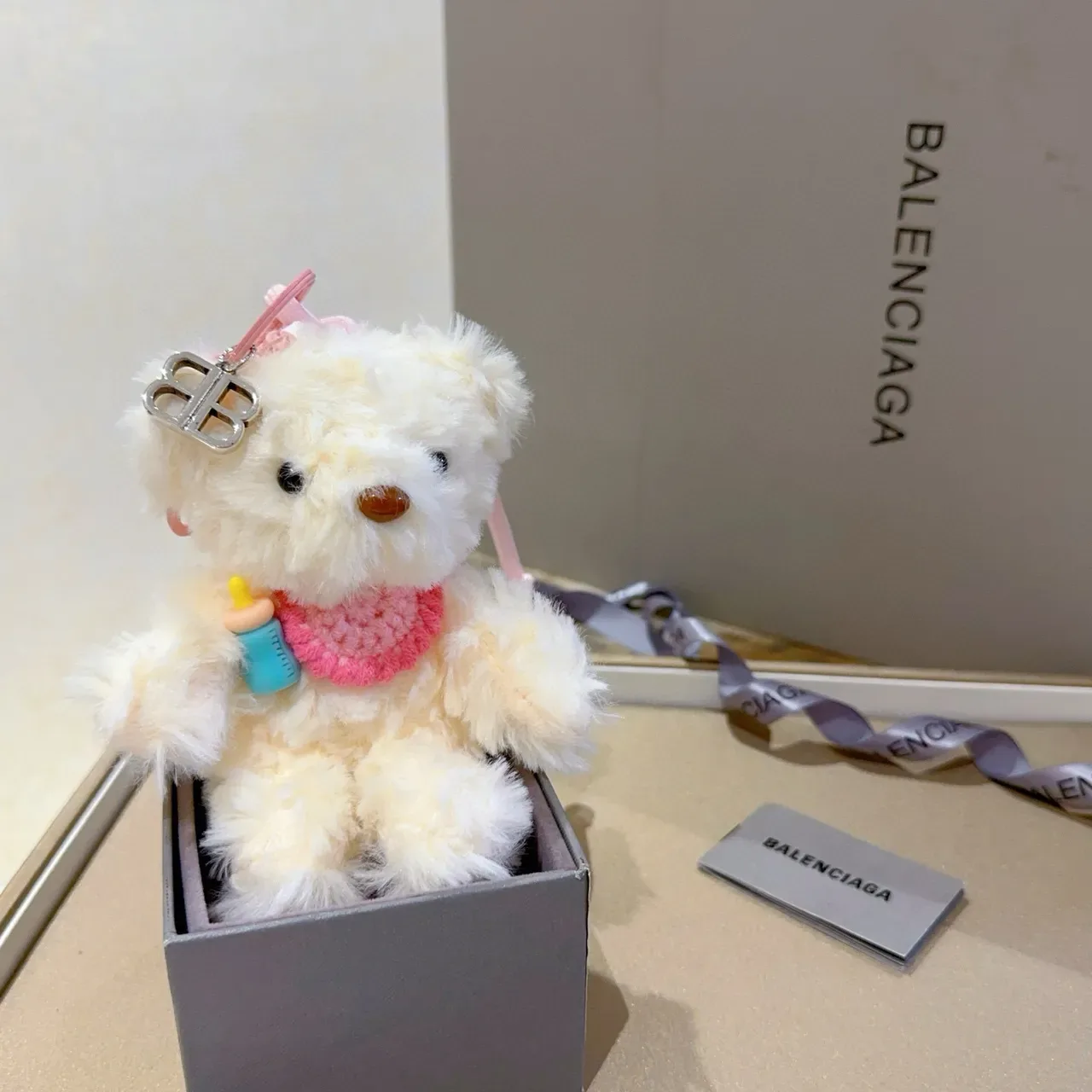 Balenciaga Beige Pink Plush Teddy Bear Knit Scarf Handbag 3