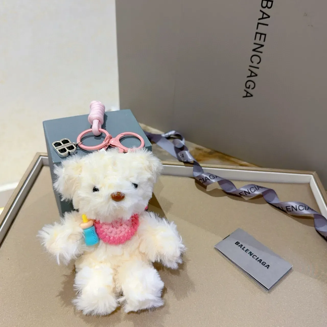 Balenciaga Beige Pink Plush Teddy Bear Knit Scarf Handbag 5