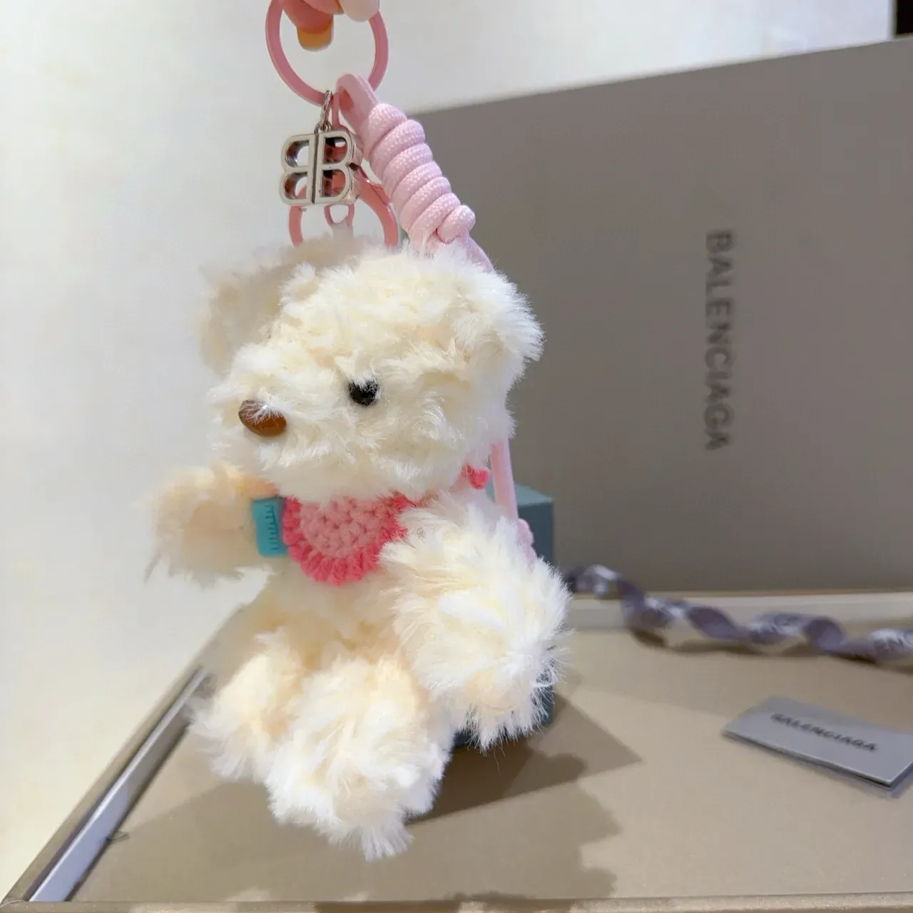 Balenciaga Beige Pink Plush Teddy Bear Knit Scarf Handbag 6