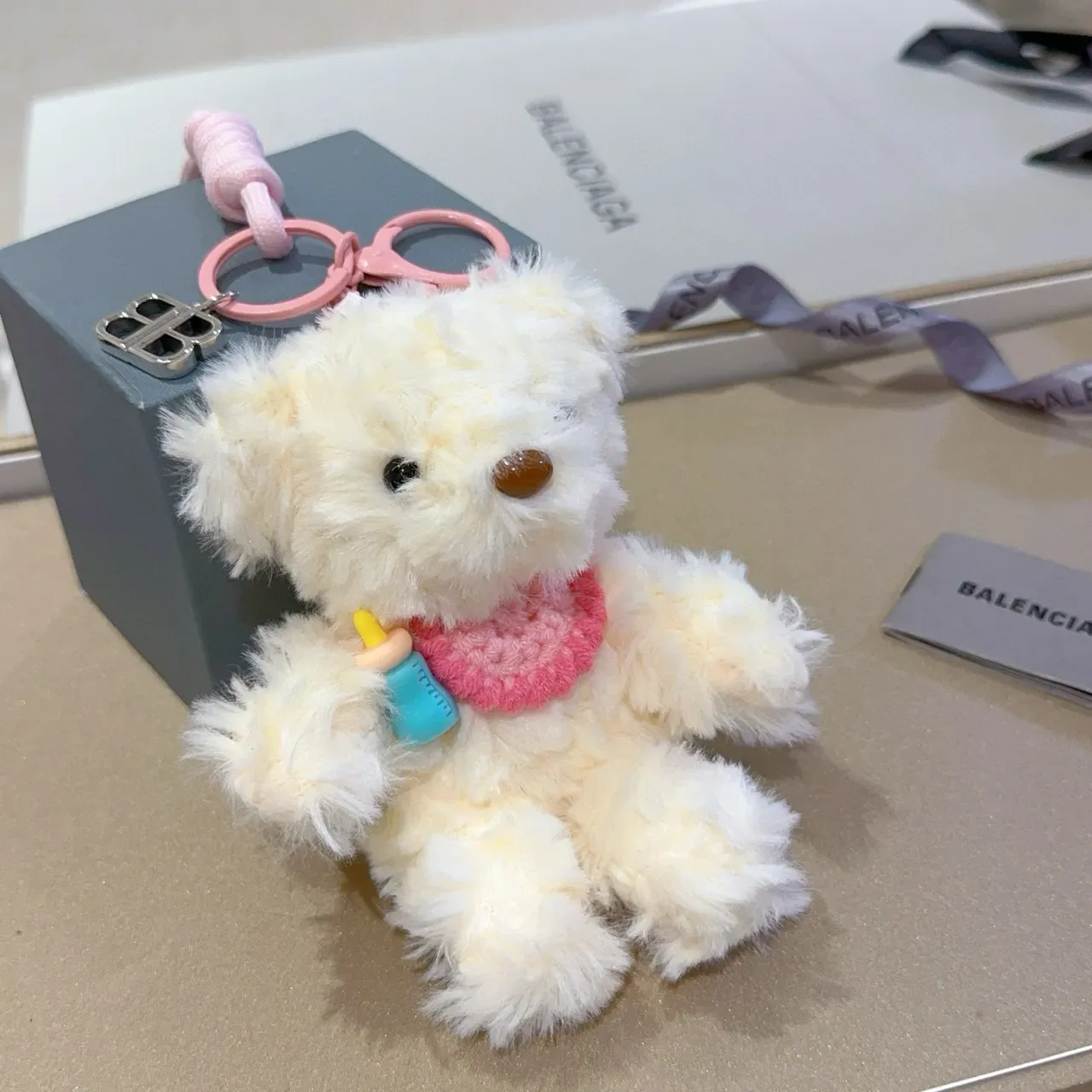 Balenciaga Beige Pink Plush Teddy Bear Knit Scarf Handbag 8