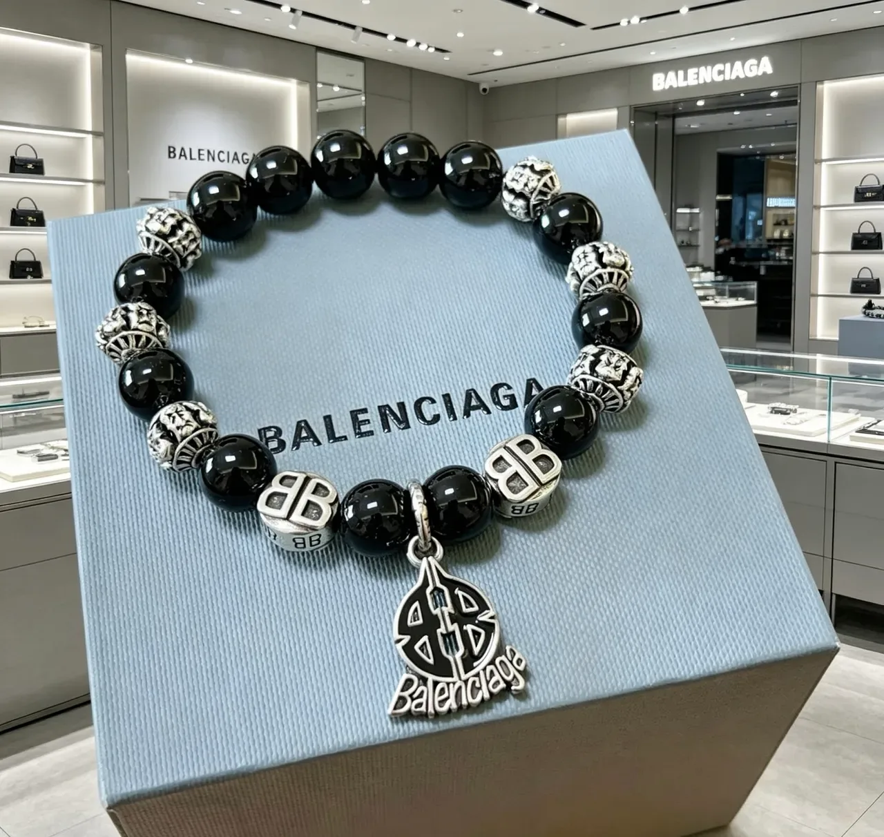 Balenciaga Black Silver Beaded Stretch Bracelet 3