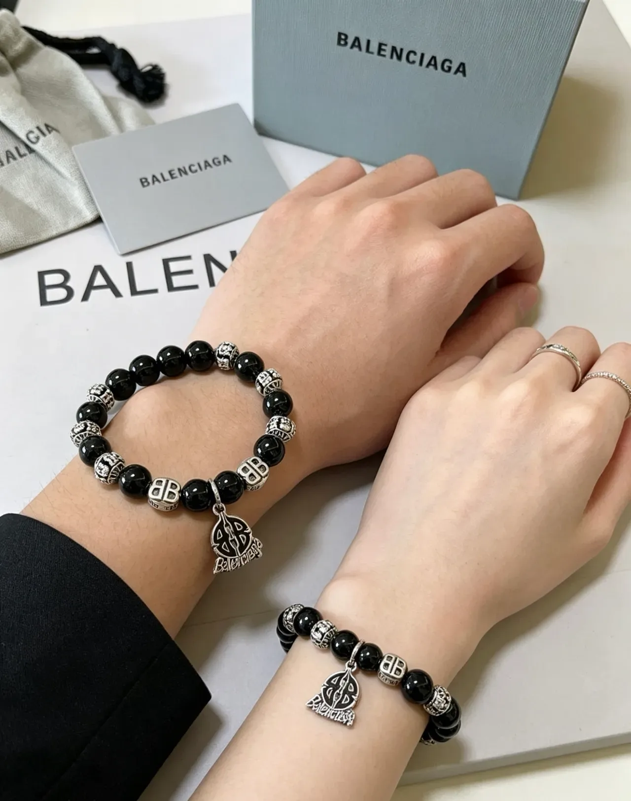 Balenciaga Black Silver Beaded Stretch Bracelet 4
