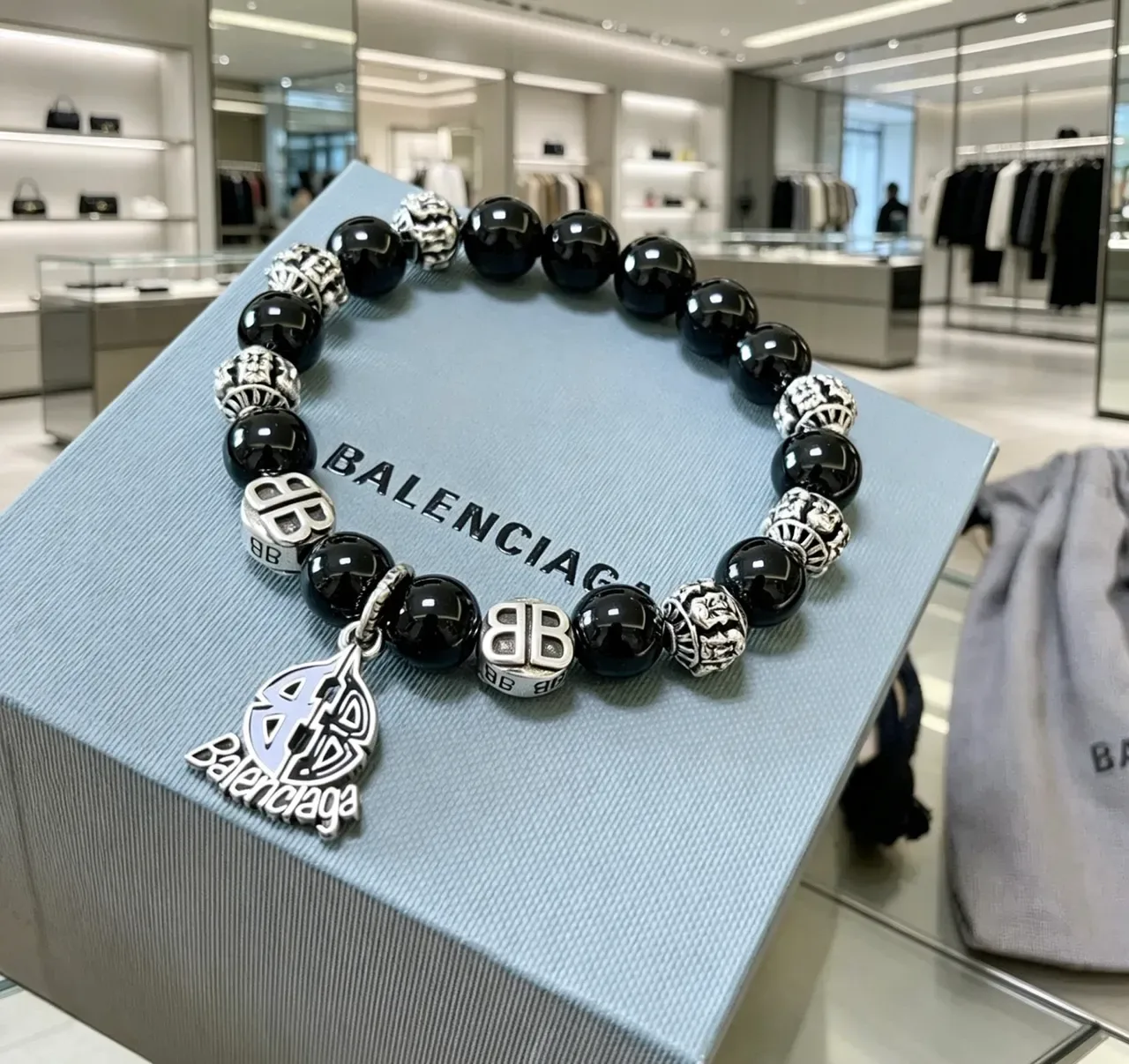 Balenciaga Black Silver Beaded Stretch Bracelet 8