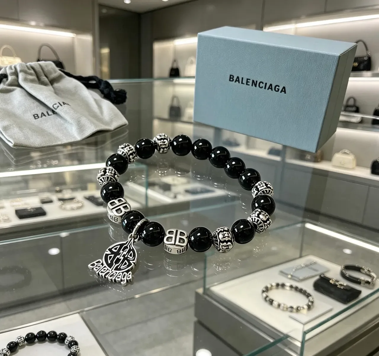Balenciaga Black Silver Beaded Stretch Bracelet 9