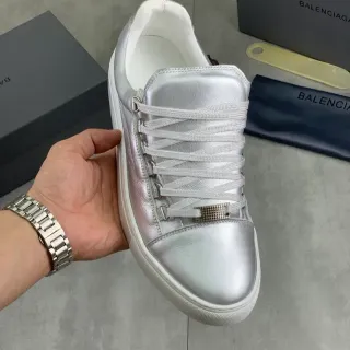 Balenciaga Silver White Metallic Leather Wide Flat Laces Lifestyle Sneakers