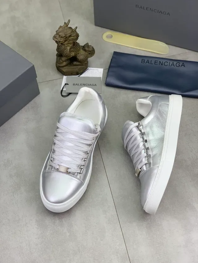 Balenciaga Argent Blanc Métallique Cuir Lacets Plans Largues Sneakers Lifestyle 5