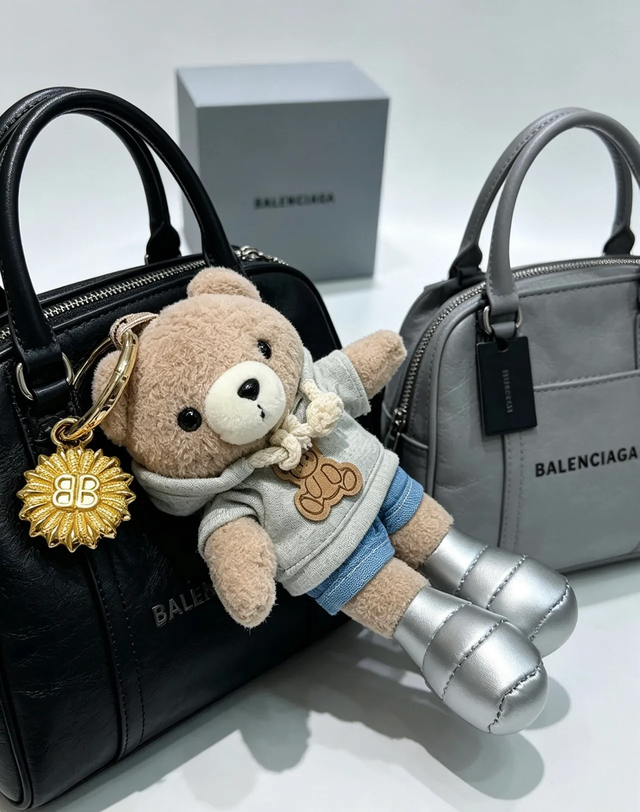 Balenciaga Teddy Bear Beige Gray Plush Silver Puffer Boots Handbag 4