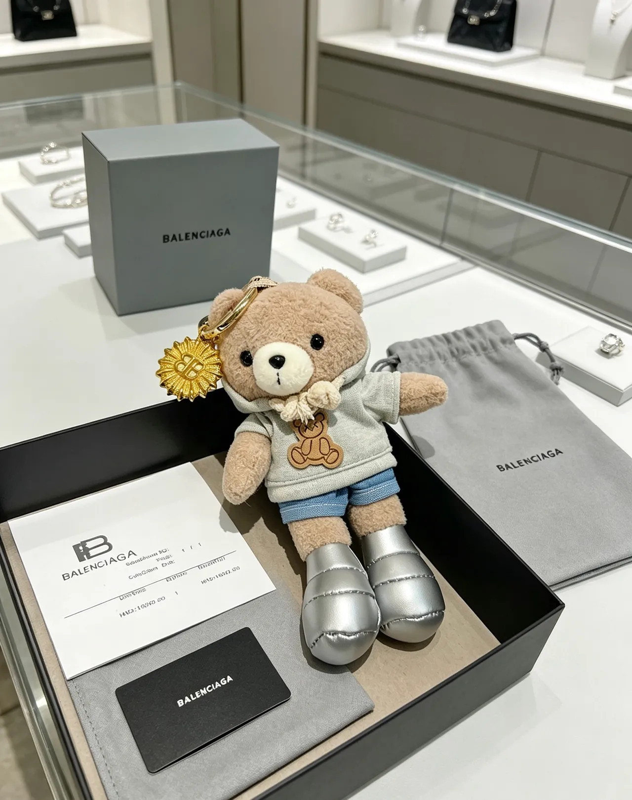 Balenciaga Teddy Bear Beige Gray Plush Silver Puffer Boots Handbag 5
