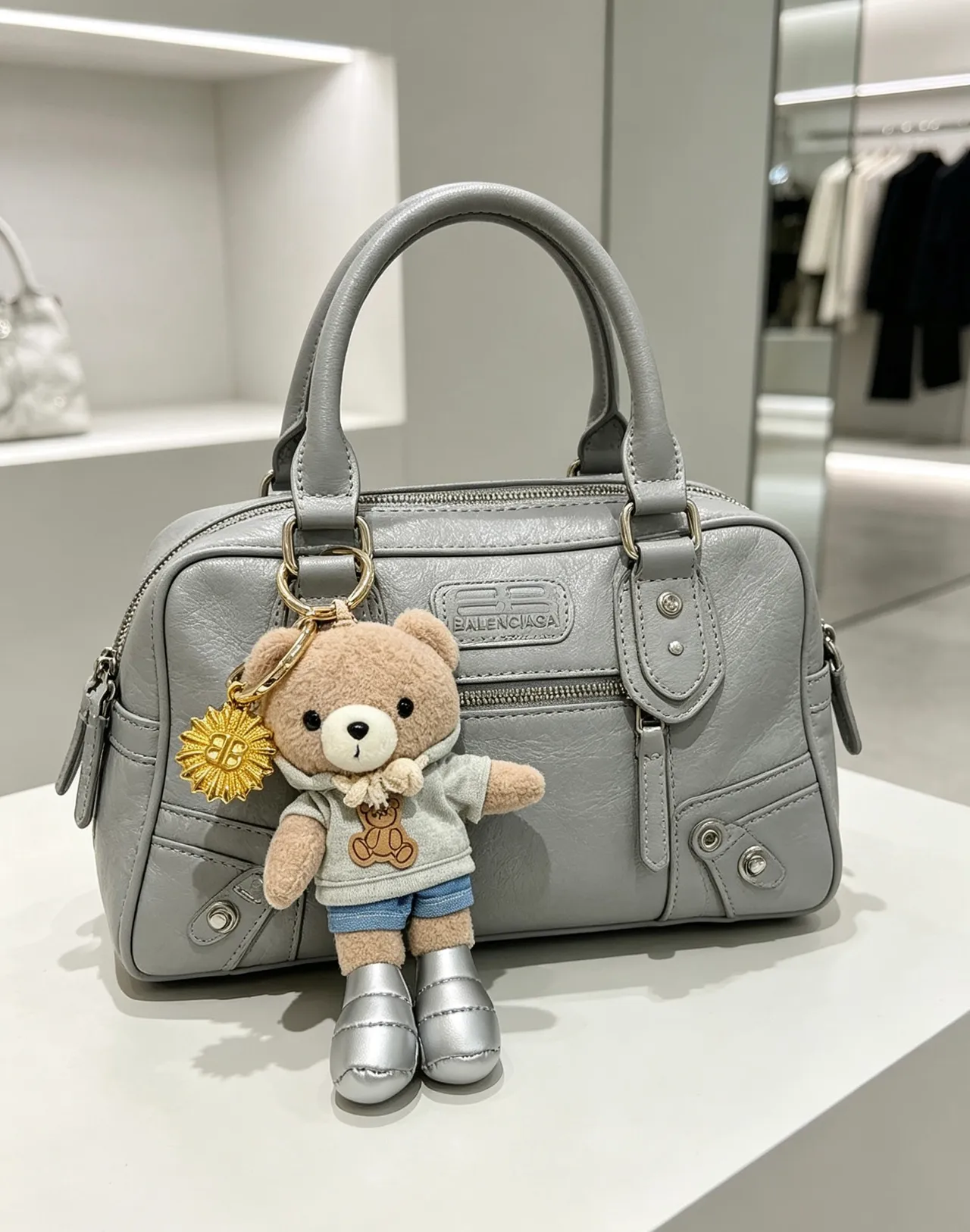 Balenciaga Teddy Bear Beige Gray Plush Silver Puffer Boots Handbag 8