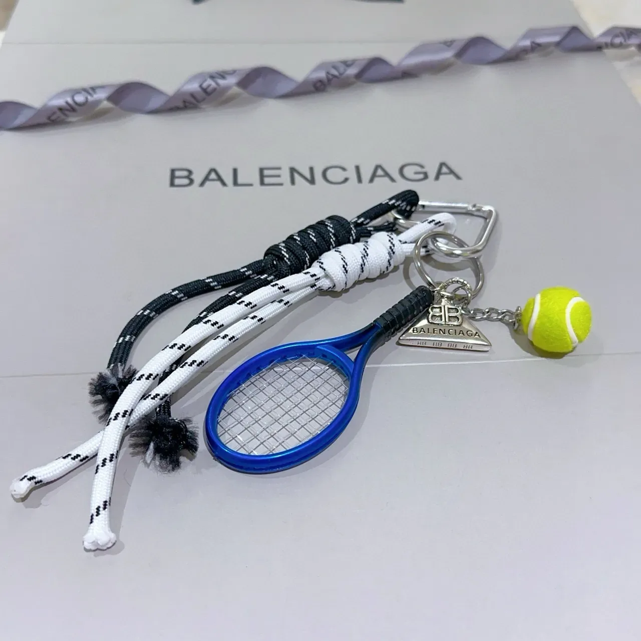 Balenciaga White Blue Braided Rope Cords Tennis Racket Charm Jewelry 2