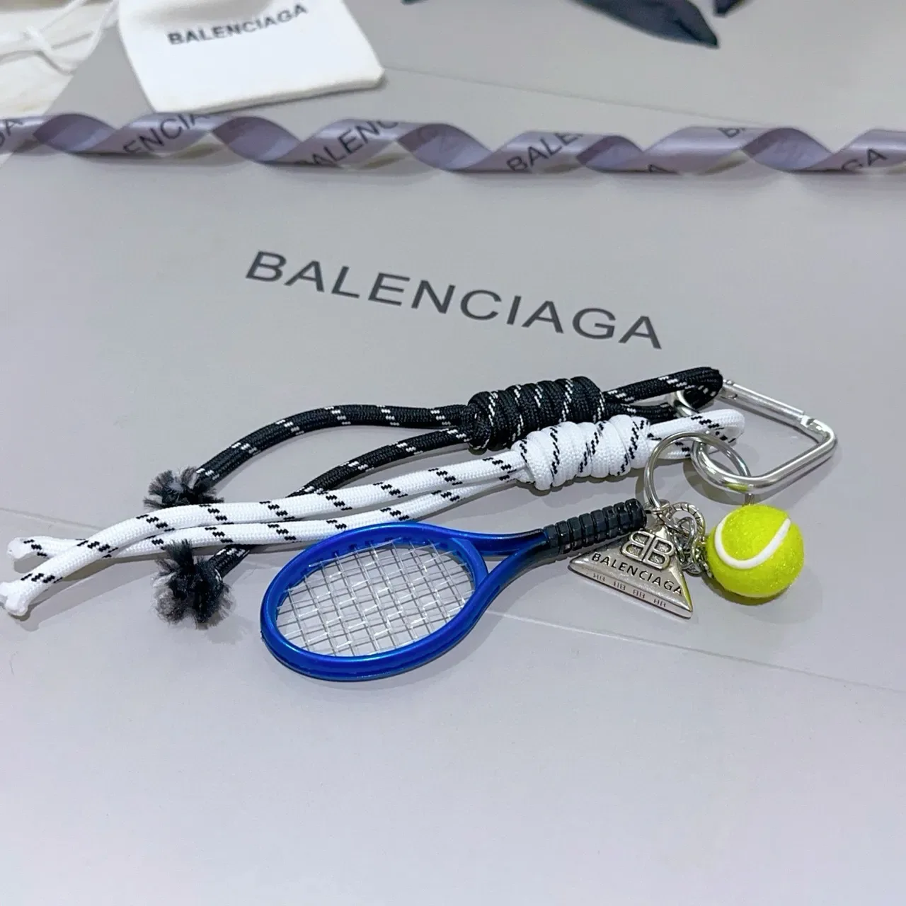 Balenciaga White Blue Braided Rope Cords Tennis Racket Charm Jewelry 5