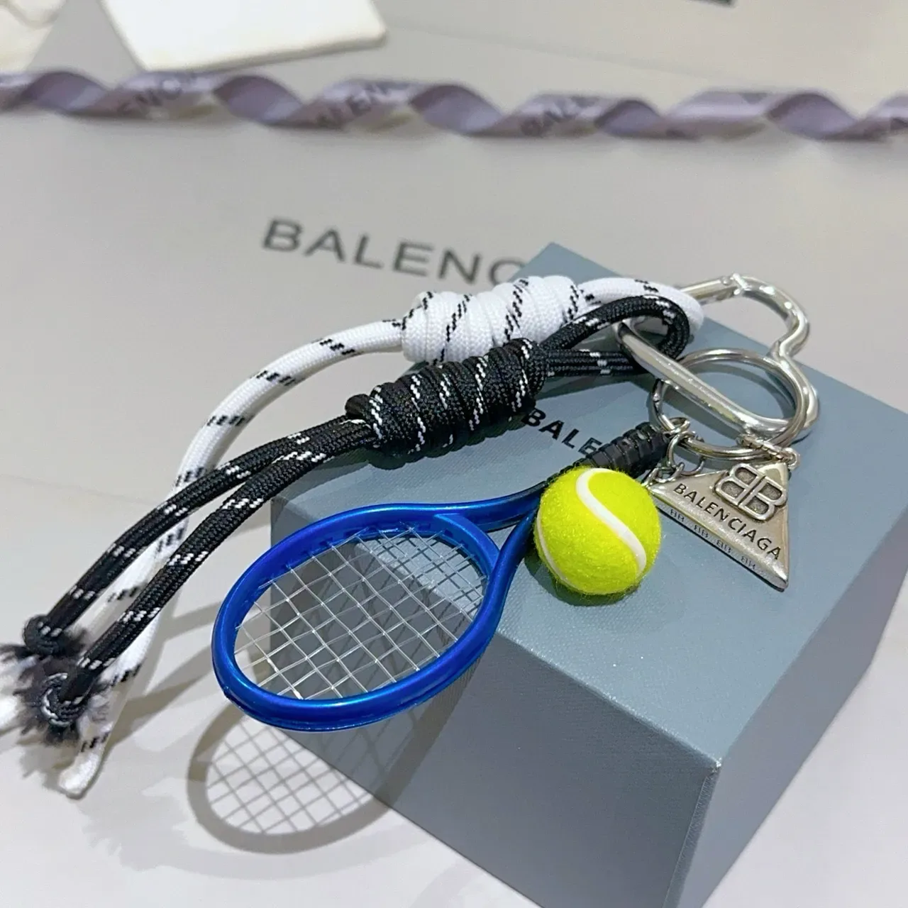 Balenciaga White Blue Braided Rope Cords Tennis Racket Charm Jewelry 6