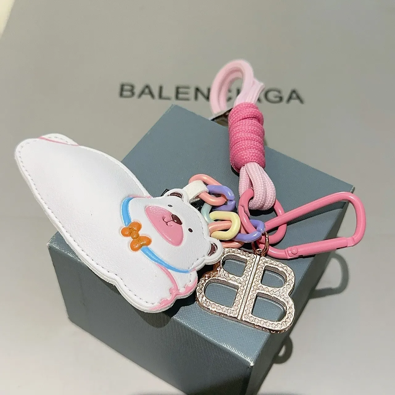 Balenciaga White Pink Leather Bear Charm Pastel Multicolor Chain Handbag 3