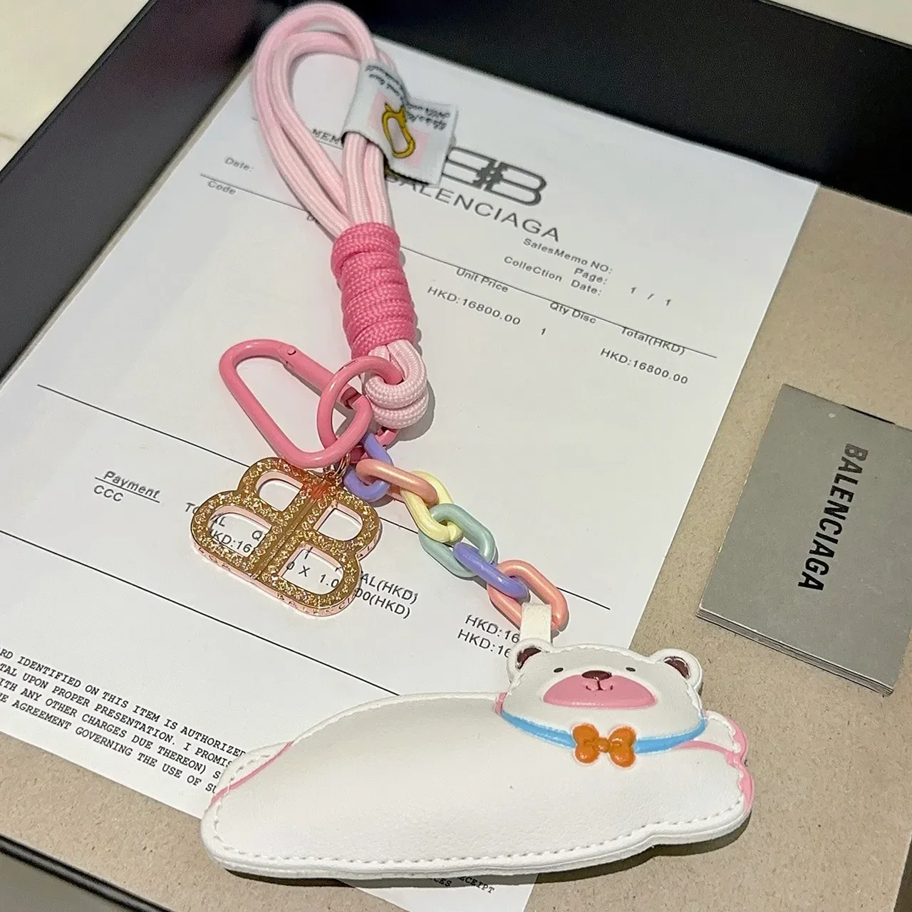 Balenciaga White Pink Leather Bear Charm Pastel Multicolor Chain Handbag 4
