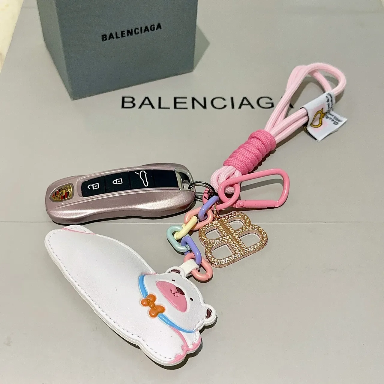 Balenciaga White Pink Leather Bear Charm Pastel Multicolor Chain Handbag 5