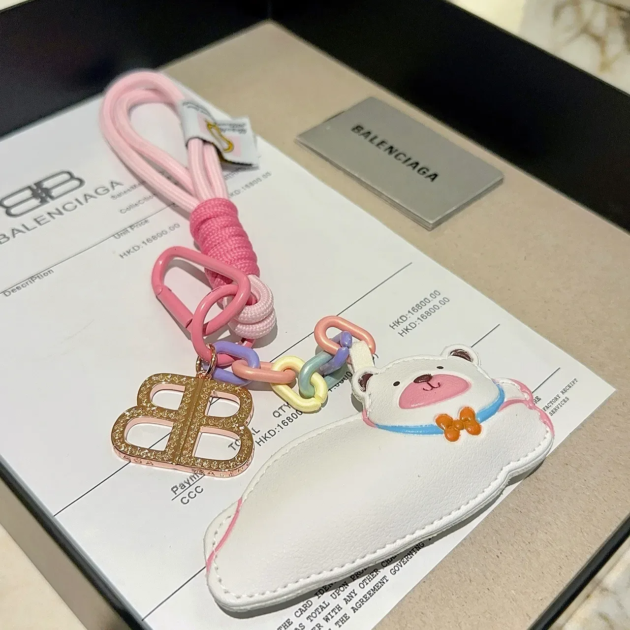 Balenciaga White Pink Leather Bear Charm Pastel Multicolor Chain Handbag 6