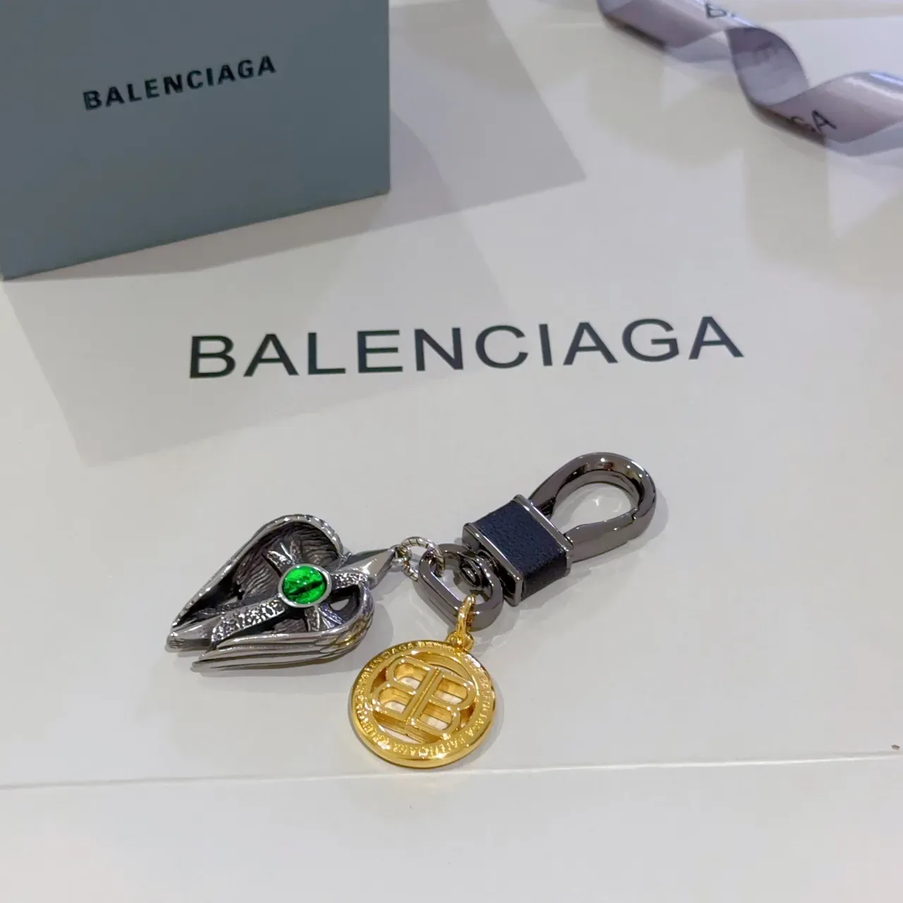 Balenciaga Winged Cross Silver Gold Pendant Green Cabochon Eye Jewelry 2