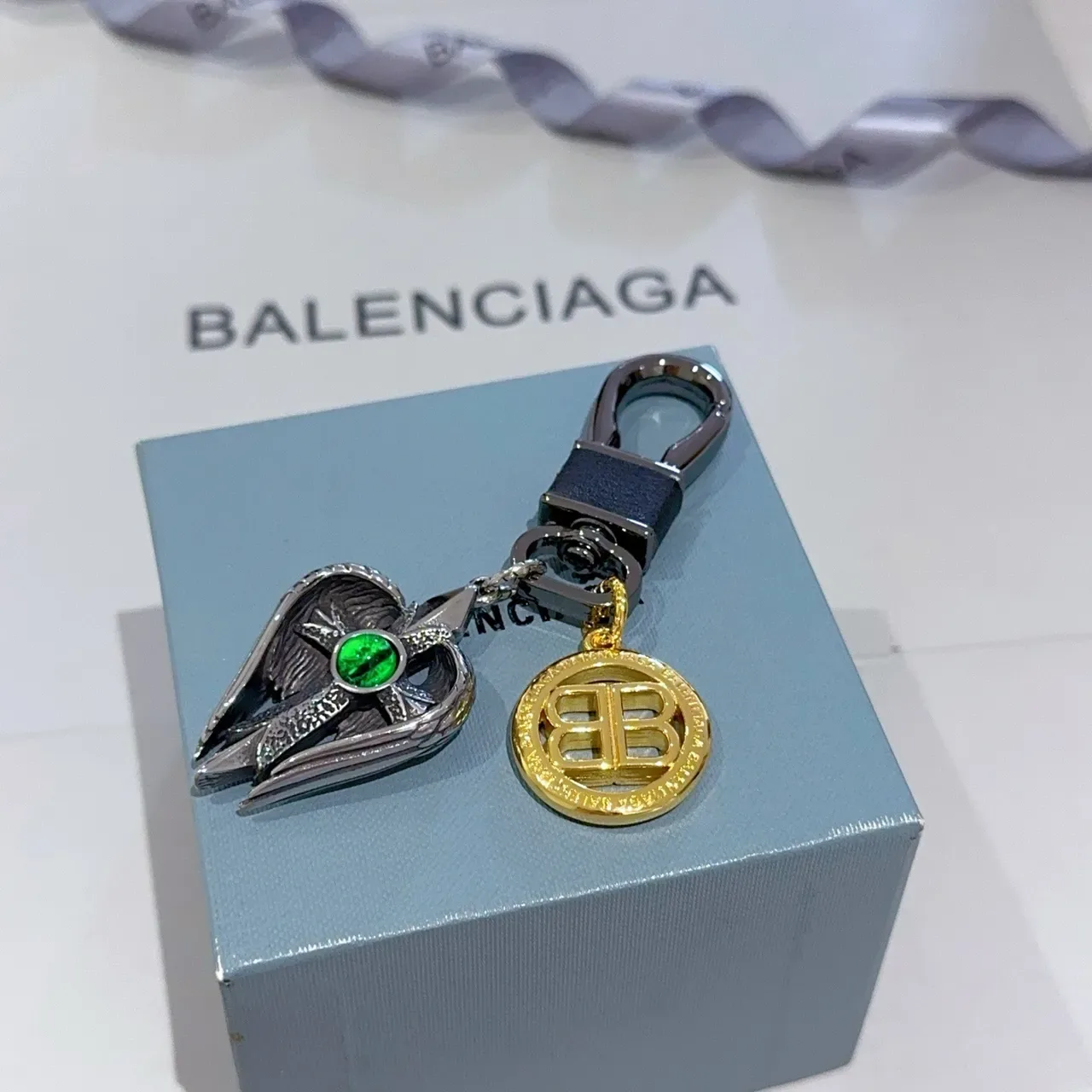 Balenciaga Winged Cross Silver Gold Pendant Green Cabochon Eye Jewelry 3