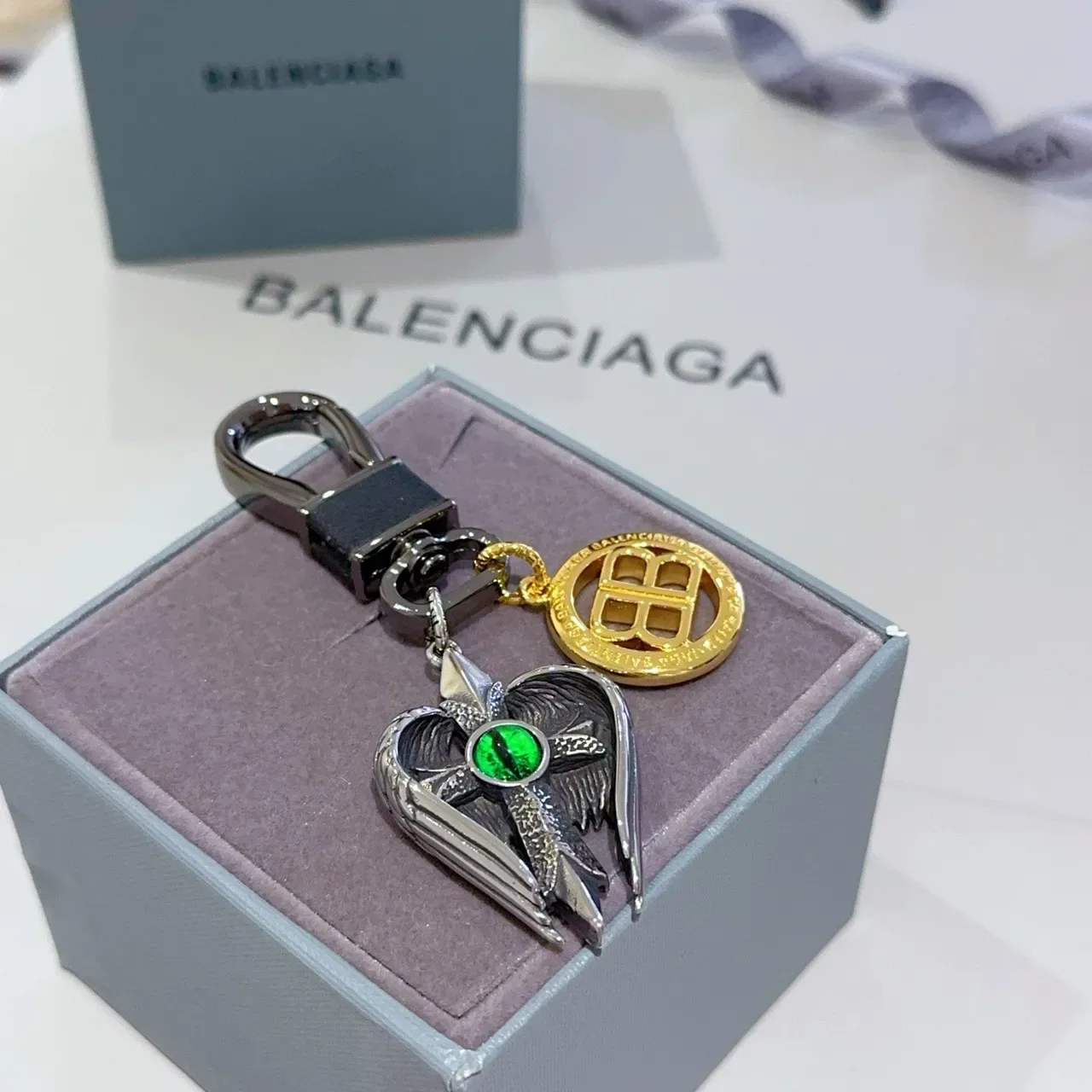 Balenciaga Winged Cross Silver Gold Pendant Green Cabochon Eye Jewelry 4