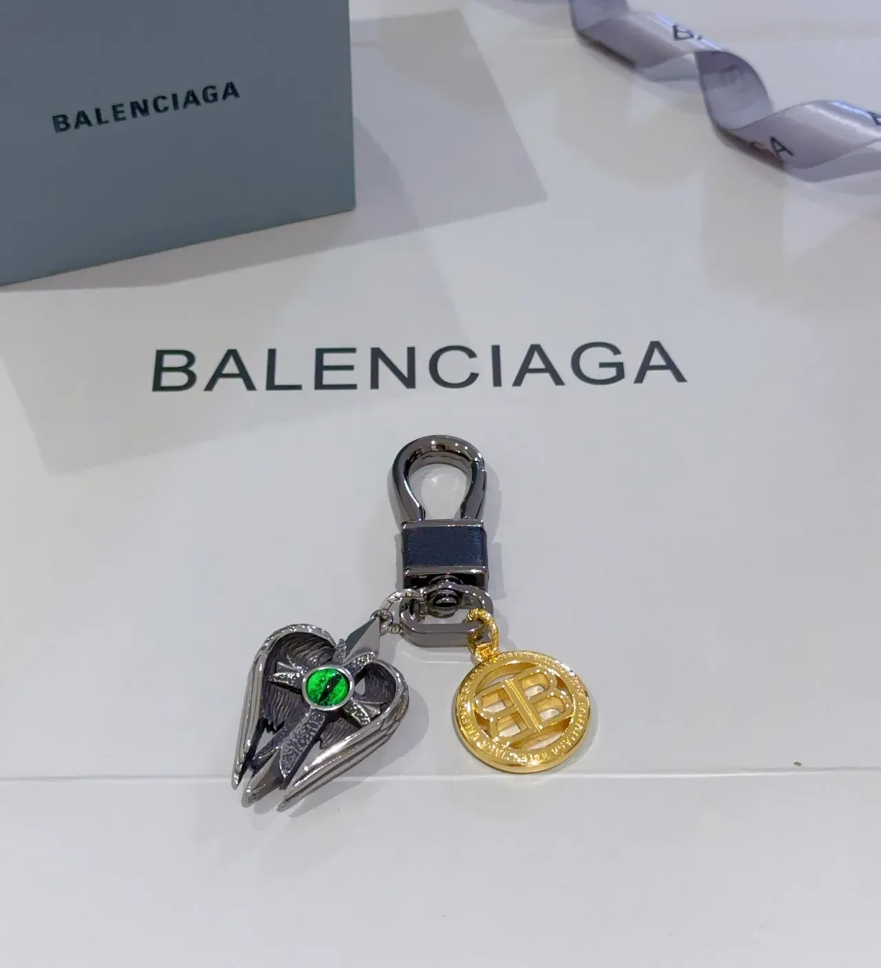 Balenciaga Winged Cross Silver Gold Pendant Green Cabochon Eye Jewelry 5