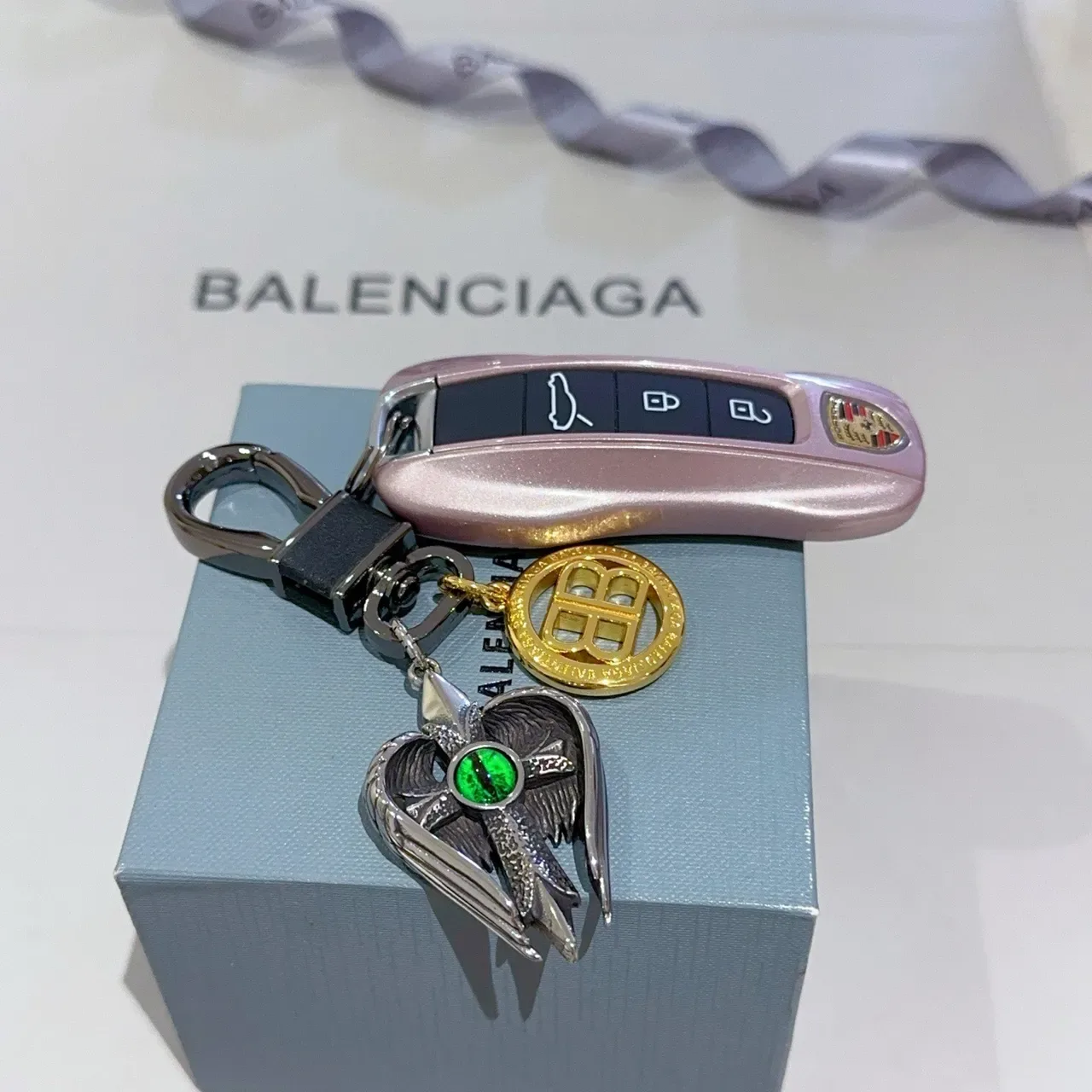 Balenciaga Winged Cross Silver Gold Pendant Green Cabochon Eye Jewelry 6
