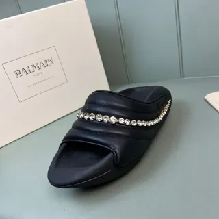 Balmain B-Court Black Silver Quilted Padded Upper Crystal-Embellished Band Slippers