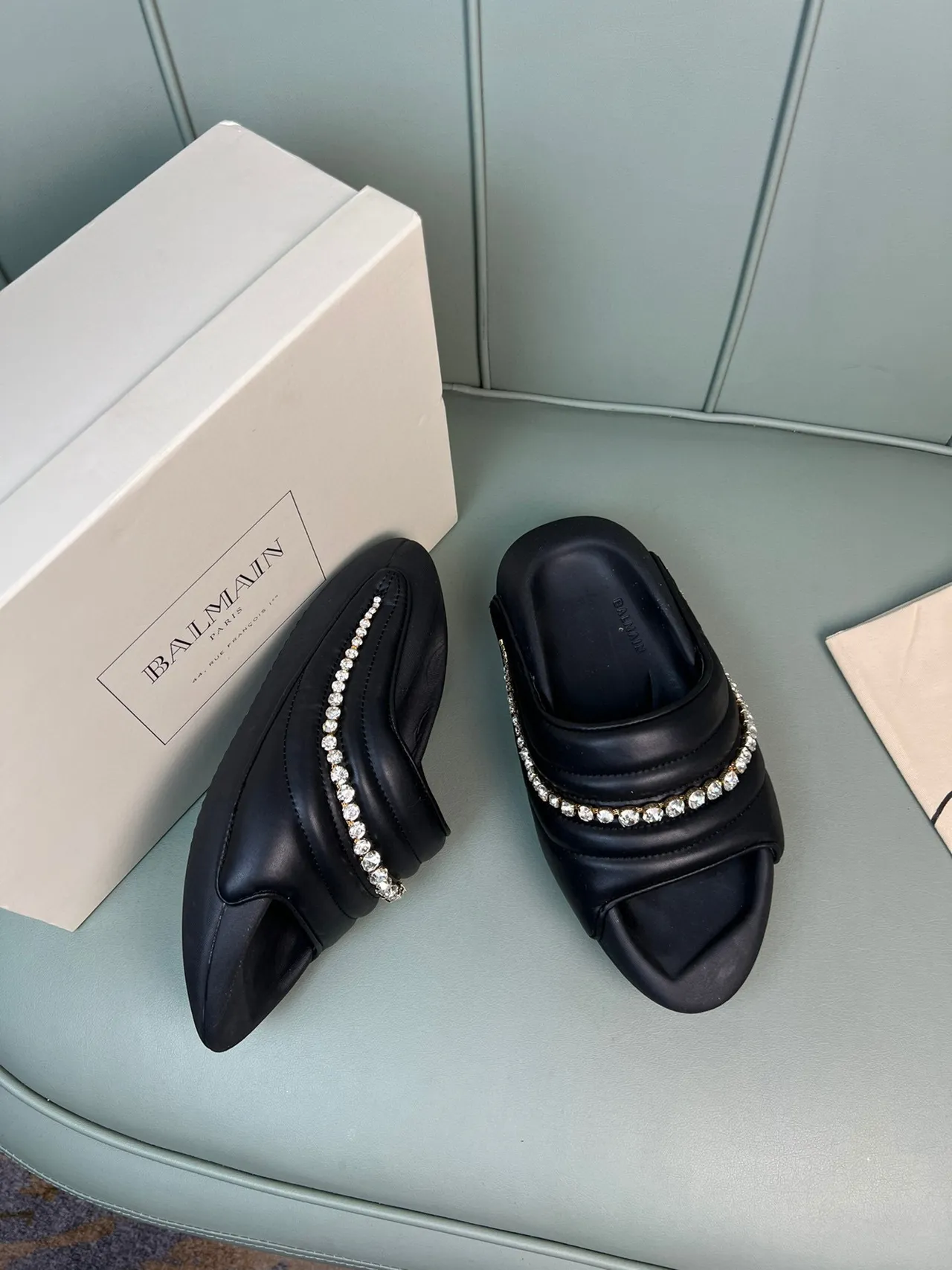 Balmain B-Court Black Silver Quilted Padded Upper Crystal-Embellished Band Slippers 5