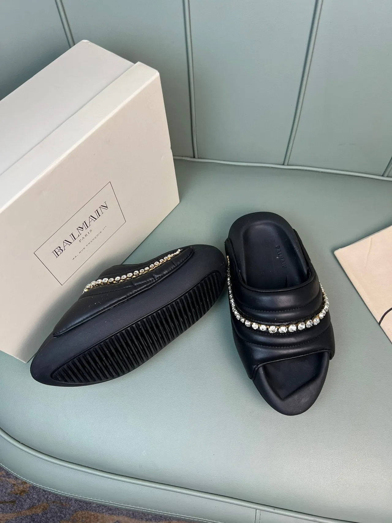 Balmain B-Court Black Silver Quilted Padded Upper Crystal-Embellished Band Slippers 6