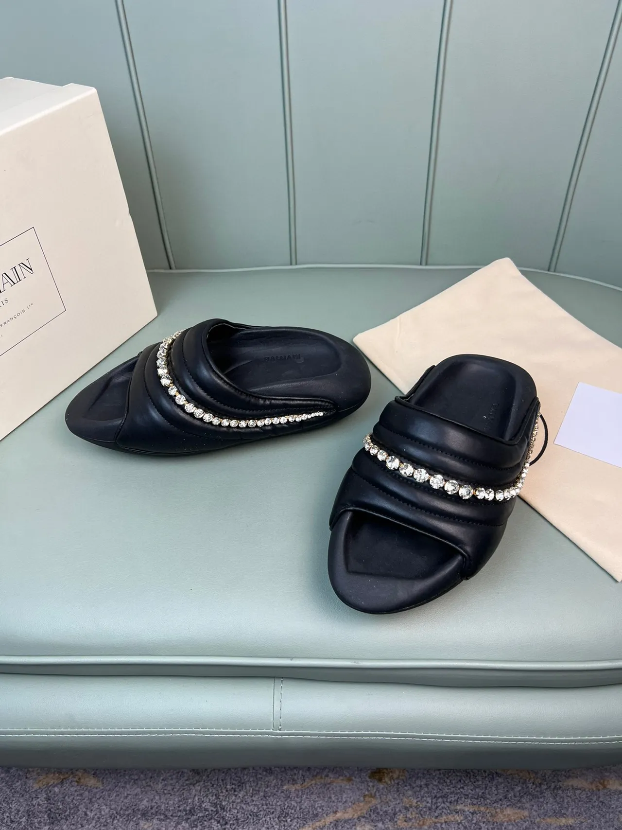 Balmain B-Court Black Silver Quilted Padded Upper Crystal-Embellished Band Slippers 7