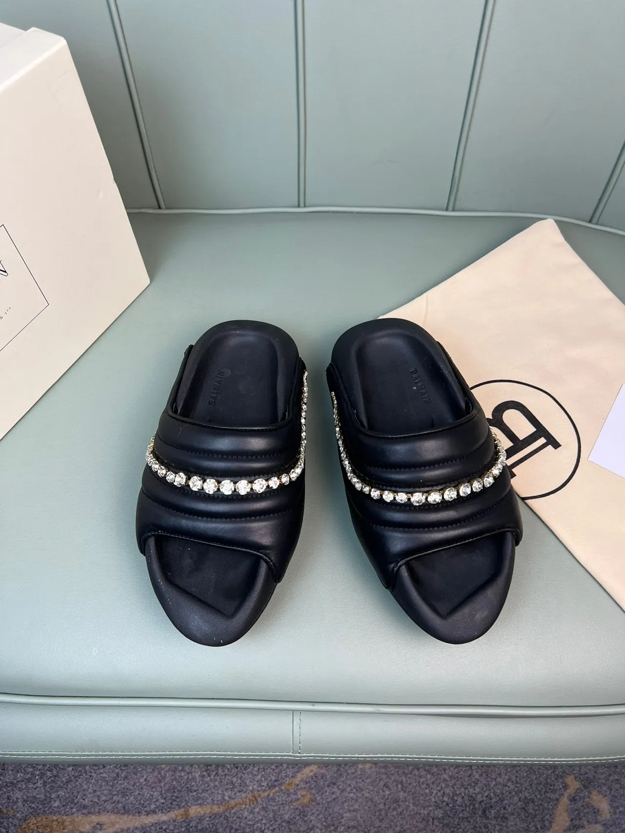 Balmain B-Court Black Silver Quilted Padded Upper Crystal-Embellished Band Slippers 8